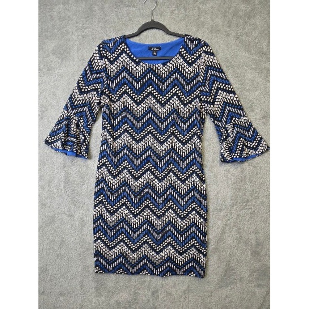 R&K Dress Size 6 Blue Black White Chevron Print Bell Sleeve Career Cocktail‎